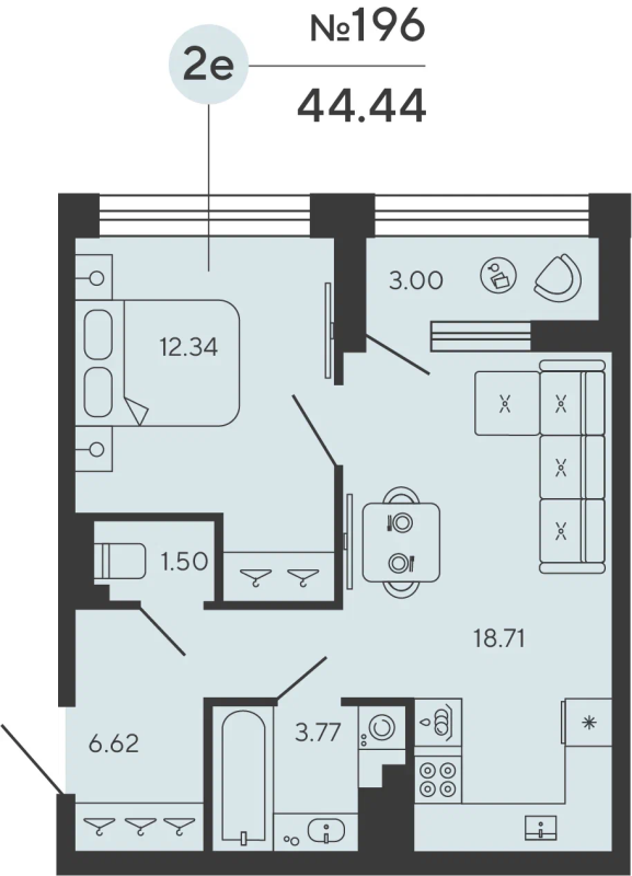 2-комнатная (Евро) квартира, 44.44 м² в ЖК "Bashni Element" - планировка, фото №1