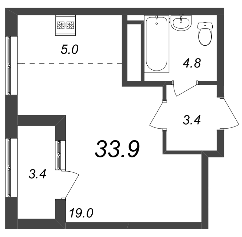 Квартира-студия, 33.7 м² - планировка, фото №1