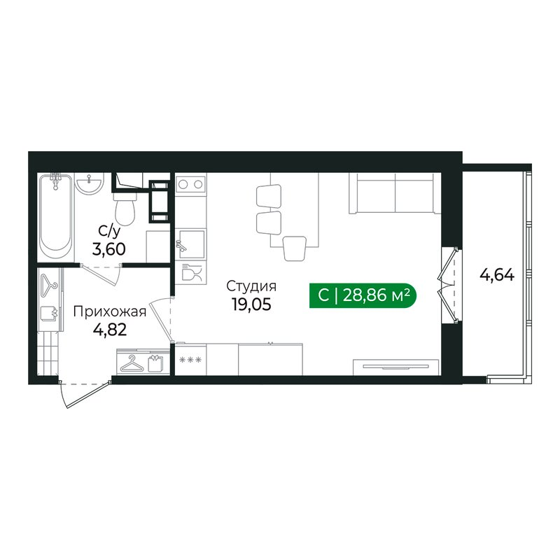 Квартира-студия, 27.4 м² в ЖК "Сертолово Парк" - планировка, фото №1