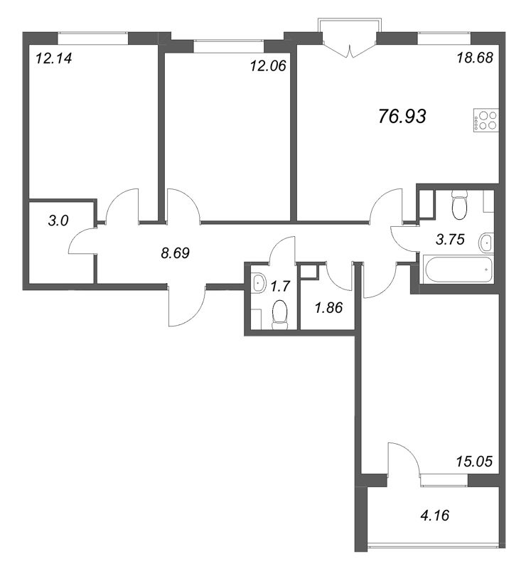 4-комнатная (Евро) квартира, 76.93 м² в ЖК "Любоград" - планировка, фото №1