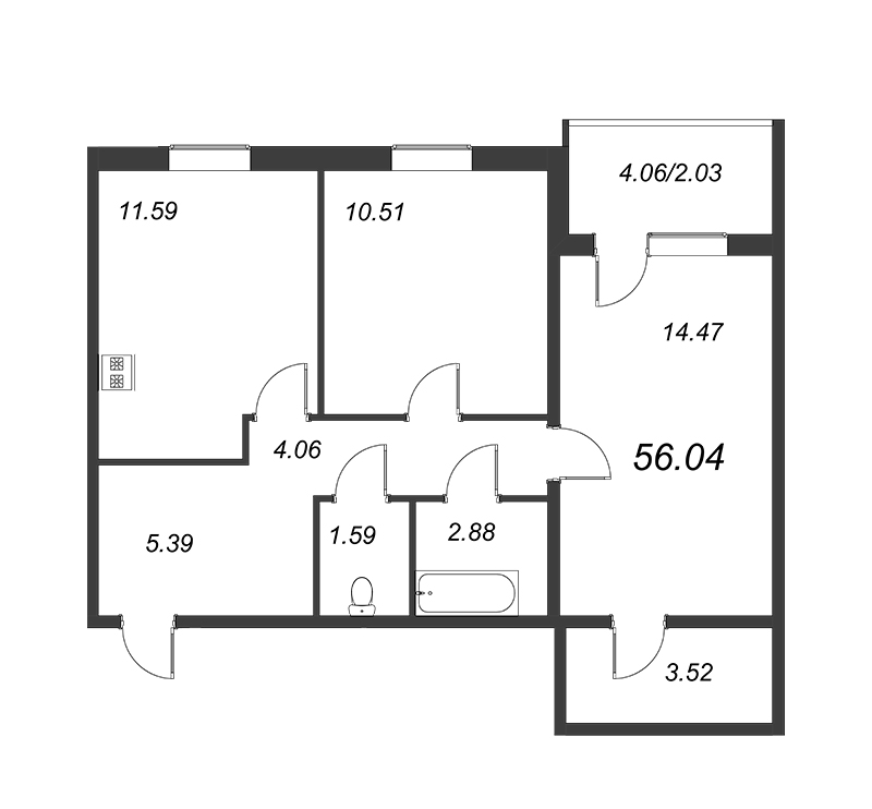 2-комнатная квартира, 54.01 м² - планировка, фото №1
