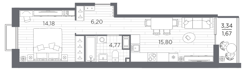 2-комнатная (Евро) квартира, 42.62 м² в ЖК "Respect" - планировка, фото №1