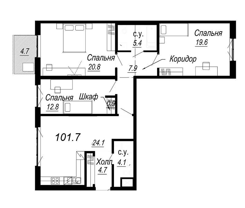 3-комнатная квартира, 105.69 м² - планировка, фото №1