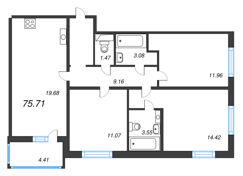 3-комнатная квартира, 78.8 м² - планировка, фото №1