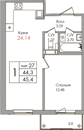 2-комнатная (Евро) квартира, 44.3 м² в ЖК "Верхний" - планировка, фото №1