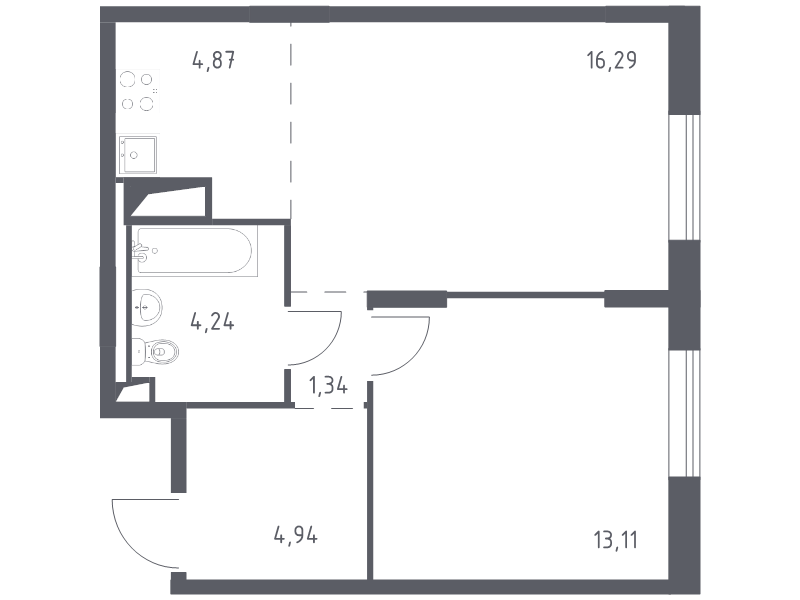 2-комнатная (Евро) квартира, 44.79 м² в ЖК "Квартал Лаголово" - планировка, фото №1