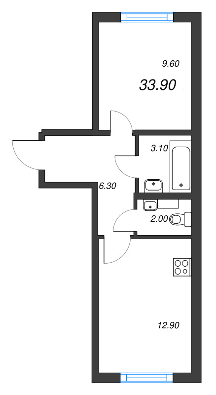 1-комнатная квартира, 33.9 м² в ЖК "Ручьи" - планировка, фото №1