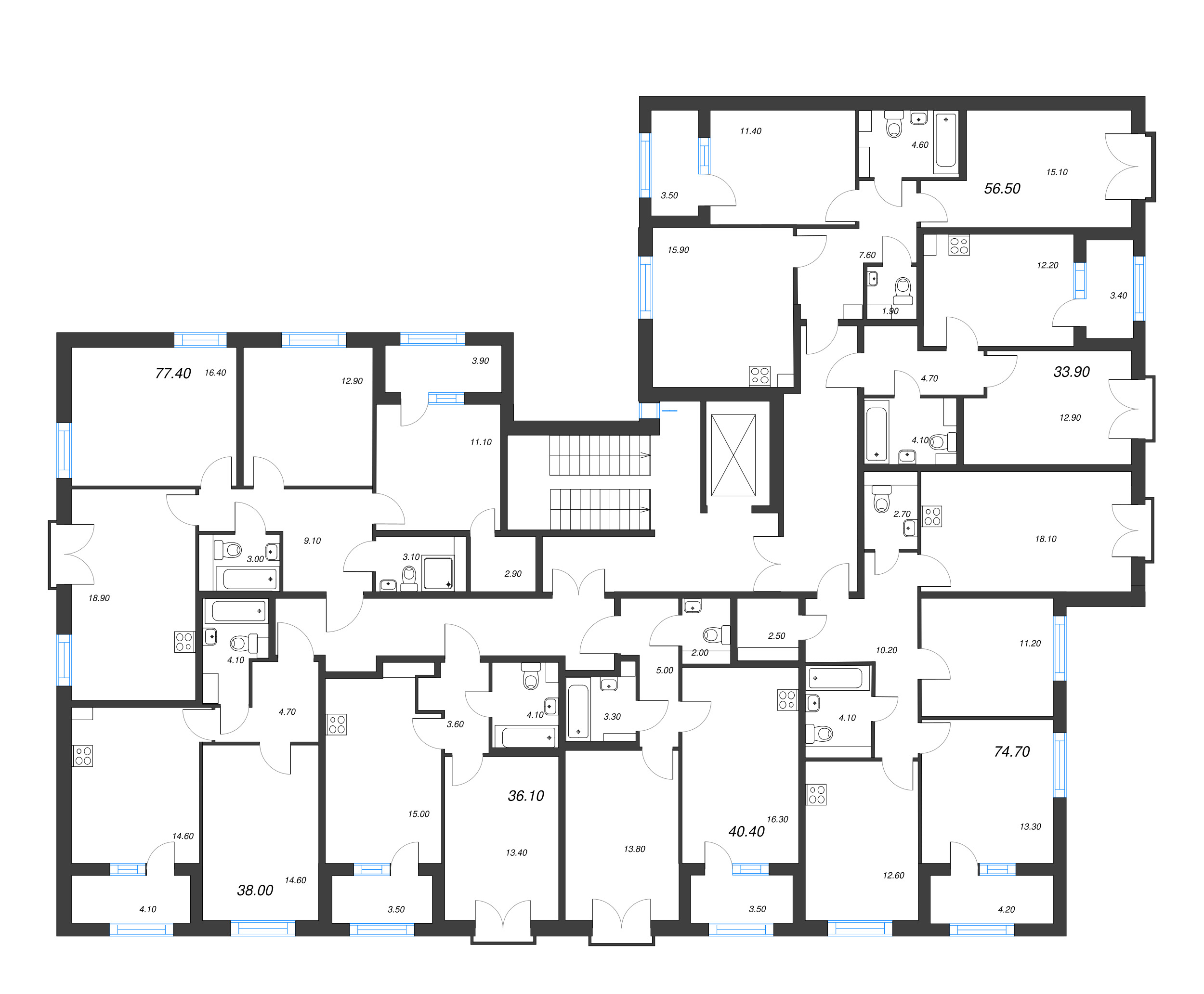 4-комнатная (Евро) квартира, 74.7 м² в ЖК "Дубровский" - планировка этажа