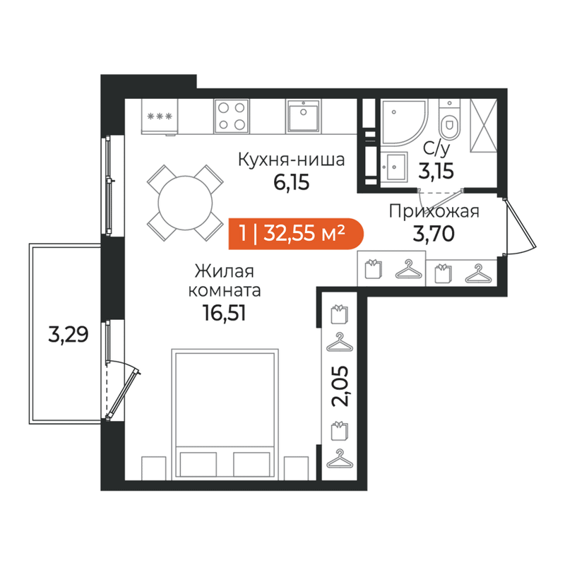 Квартира-студия, 32.55 м² в ЖК "Алгоритм Квинта" - планировка, фото №1