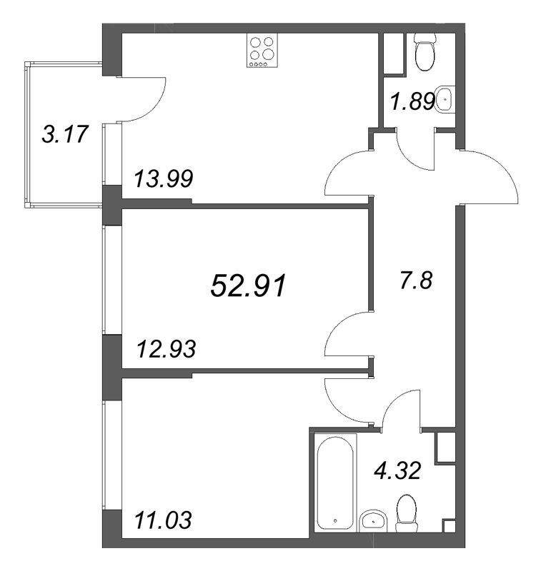 2-комнатная квартира, 52.91 м² в ЖК "Охтинские высоты" - планировка, фото №1