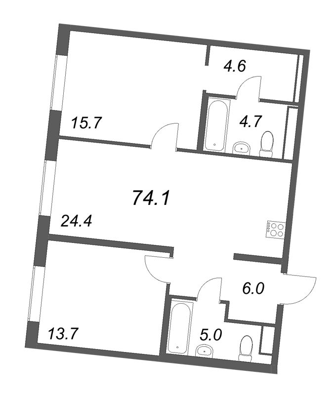 3-комнатная (Евро) квартира, 74.1 м² в ЖК "Визионер" - планировка, фото №1