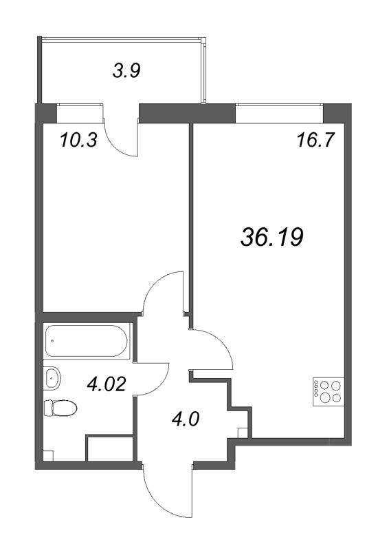 2-комнатная (Евро) квартира, 36.19 м² в ЖК "Аквилон Янино" - планировка, фото №1