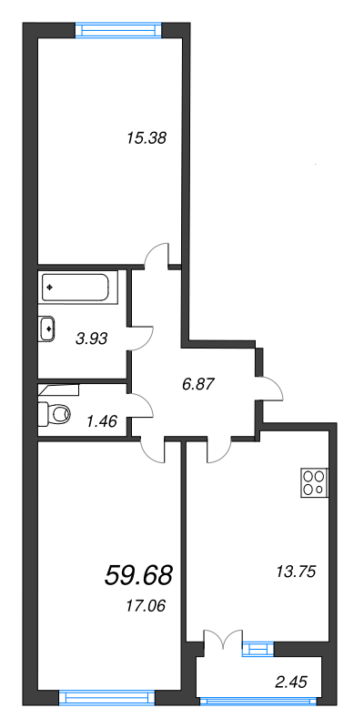 2-комнатная квартира, 59.68 м² - планировка, фото №1