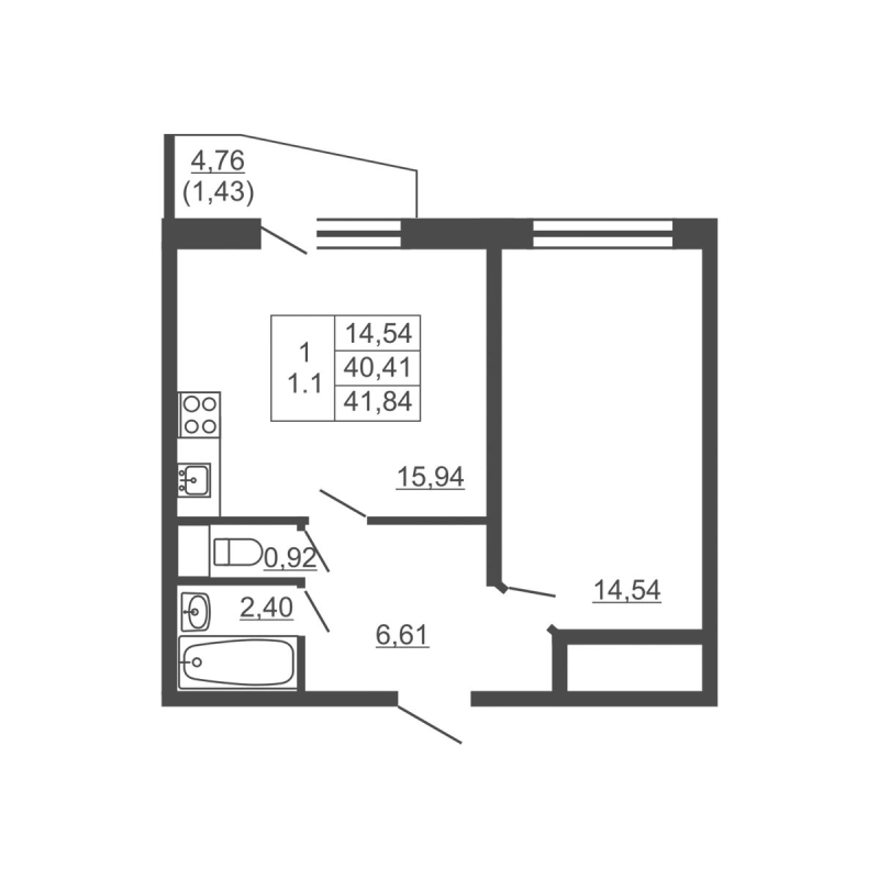 2-комнатная (Евро) квартира, 41.84 м² в ЖК "Тандем" - планировка, фото №1