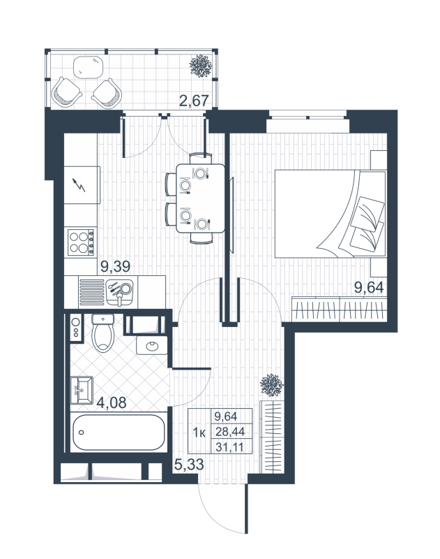 1-комнатная квартира, 29.24 м² - планировка, фото №1