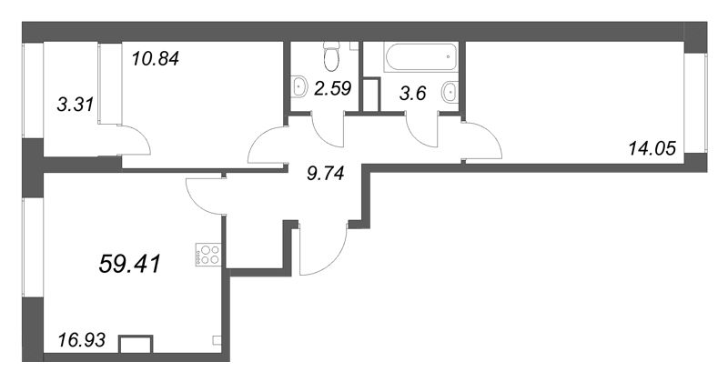 3-комнатная (Евро) квартира, 59.41 м² в ЖК "Аквилон Солар Парк" - планировка, фото №1