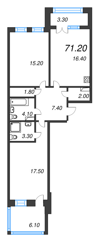 2-комнатная квартира, 71.2 м² в ЖК "NewПитер 2.0" - планировка, фото №1