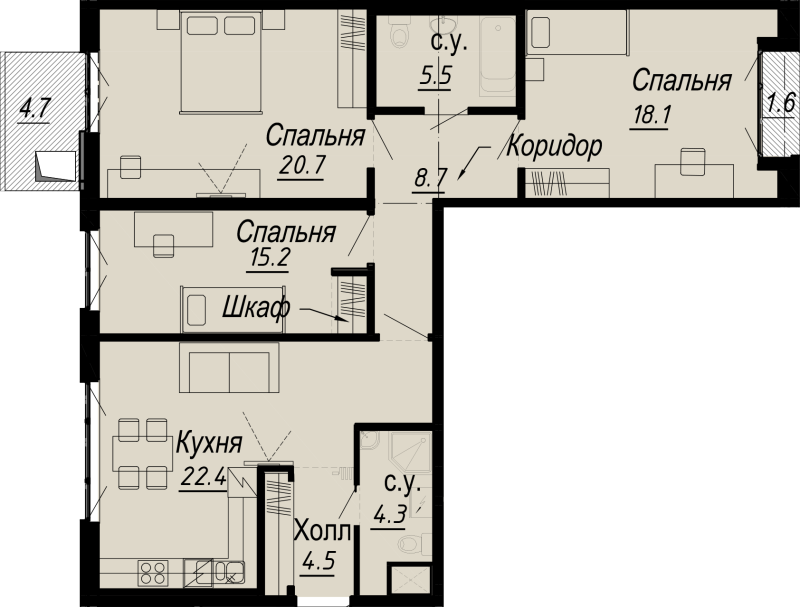 4-комнатная (Евро) квартира, 102.74 м² - планировка, фото №1