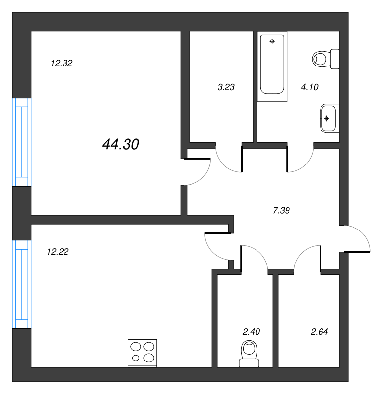 1-комнатная квартира, 44.3 м² - планировка, фото №1