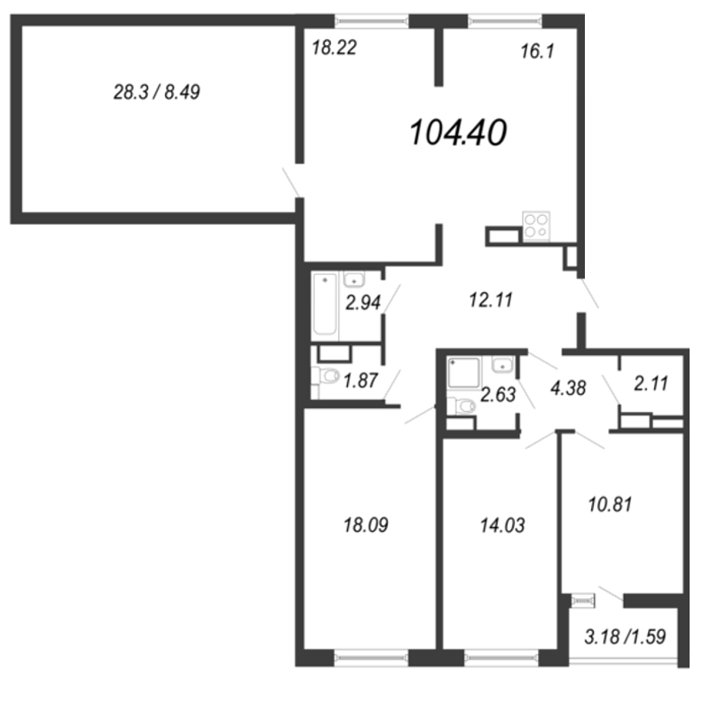 4-комнатная (Евро) квартира, 135.89 м² в ЖК "Чёрная речка" - планировка, фото №1