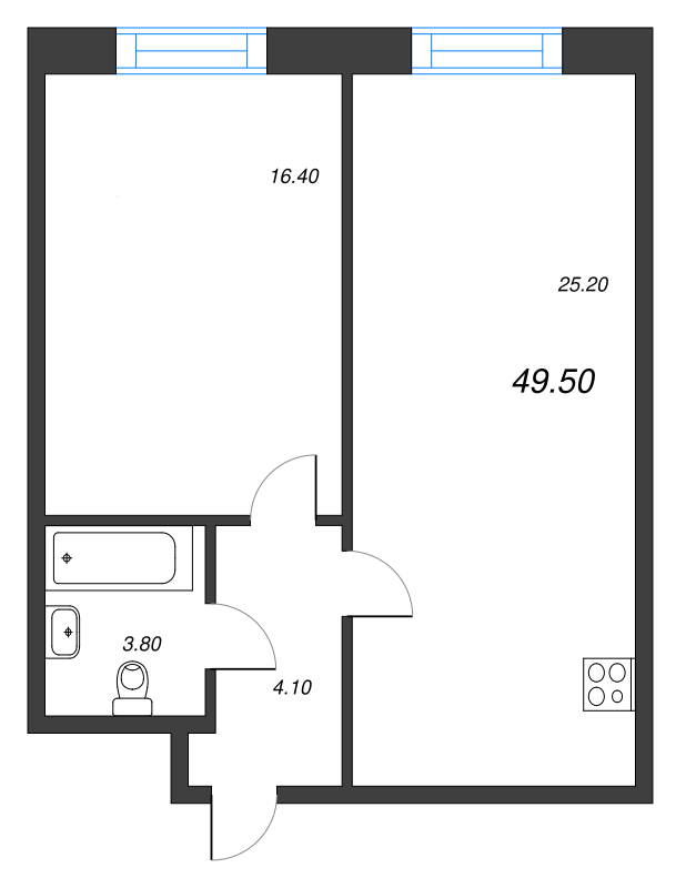 2-комнатная (Евро) квартира, 49.6 м² - планировка, фото №1