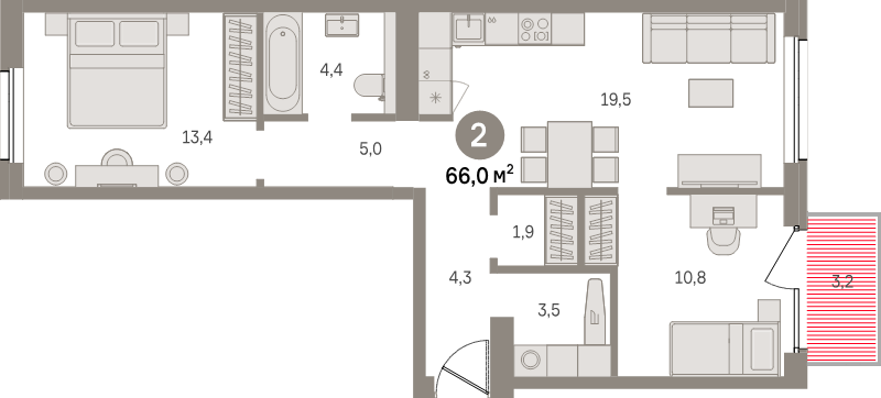 3-комнатная (Евро) квартира, 66 м² в ЖК "Северный ветер" - планировка, фото №1