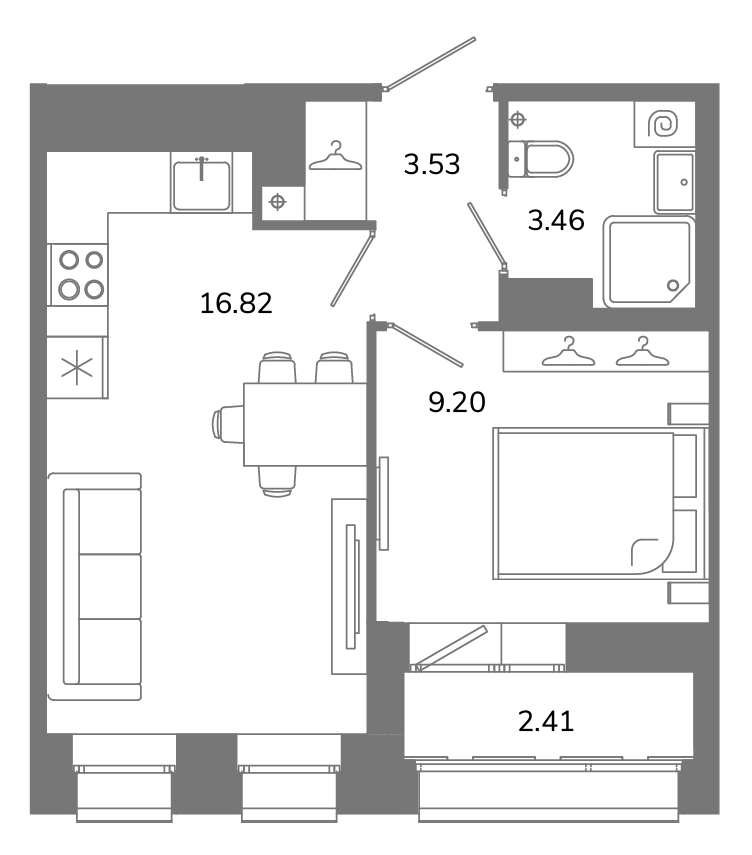 2-комнатная (Евро) квартира, 34.21 м² в ЖК "Твой космос" - планировка, фото №1