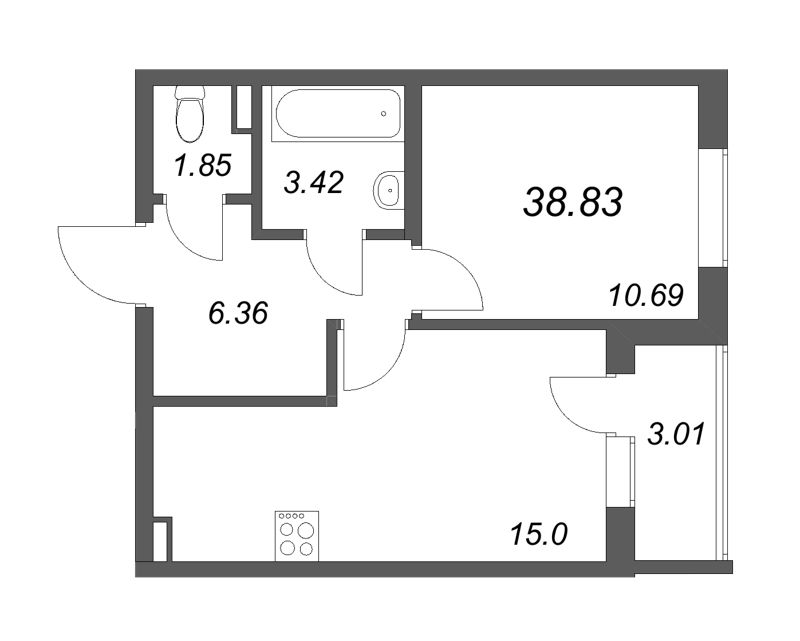 2-комнатная (Евро) квартира, 38.83 м² - планировка, фото №1