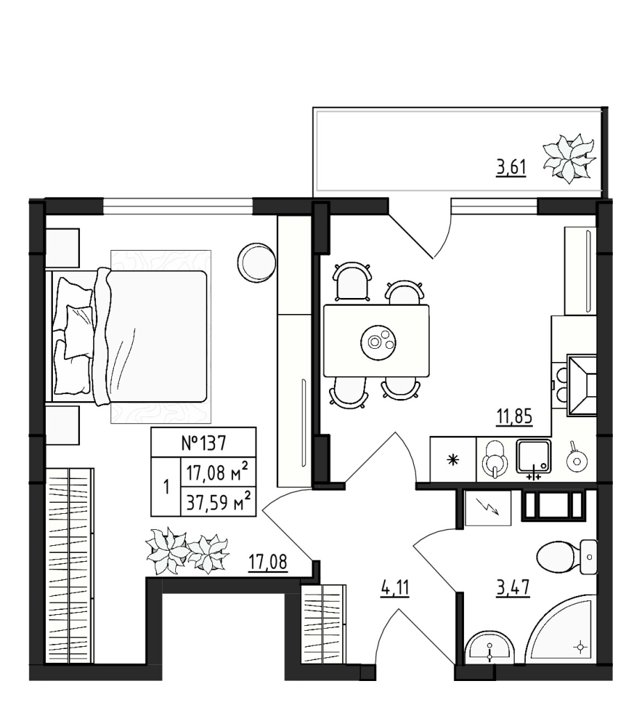 1-комнатная квартира, 37.59 м² в ЖК "Верево Сити" - планировка, фото №1