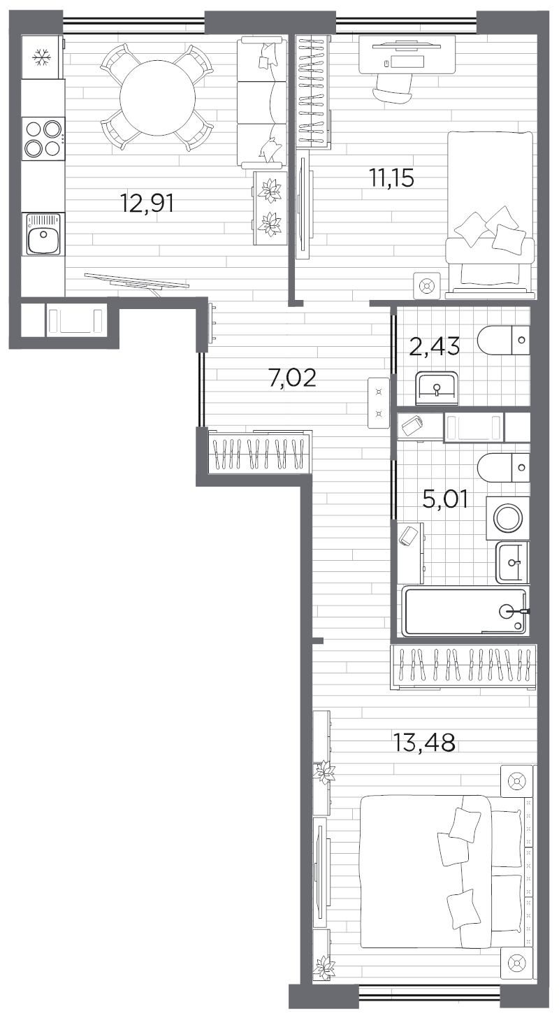 2-комнатная квартира, 52 м² в ЖК "PLUS Пулковский" - планировка, фото №1