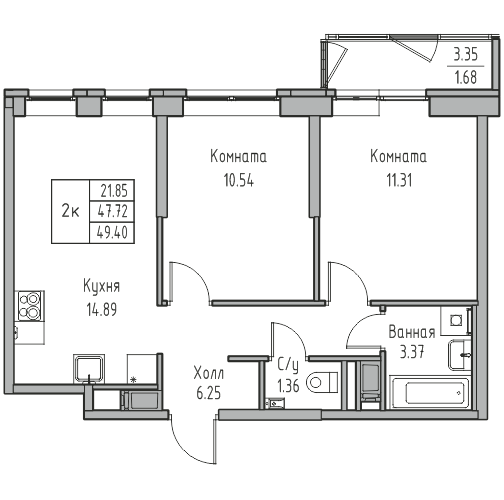 2-комнатная квартира, 49.4 м² в ЖК "Юнтолово" - планировка, фото №1