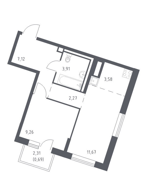 2-комнатная (Евро) квартира, 38.5 м² в ЖК "Квартал Лаголово" - планировка, фото №1