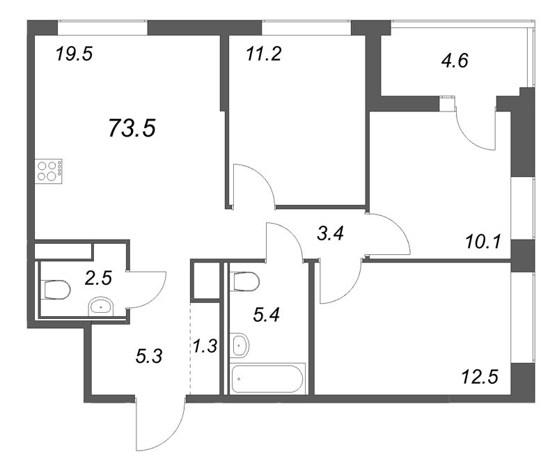 4-комнатная (Евро) квартира, 73.5 м² в ЖК "Янила Форест" - планировка, фото №1