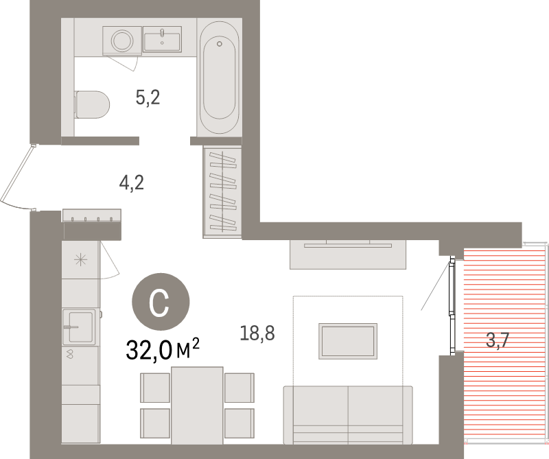 Квартира-студия, 32 м² в ЖК "Брусника в Новоселье" - планировка, фото №1