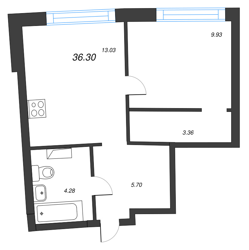 1-комнатная квартира, 36.3 м² - планировка, фото №1