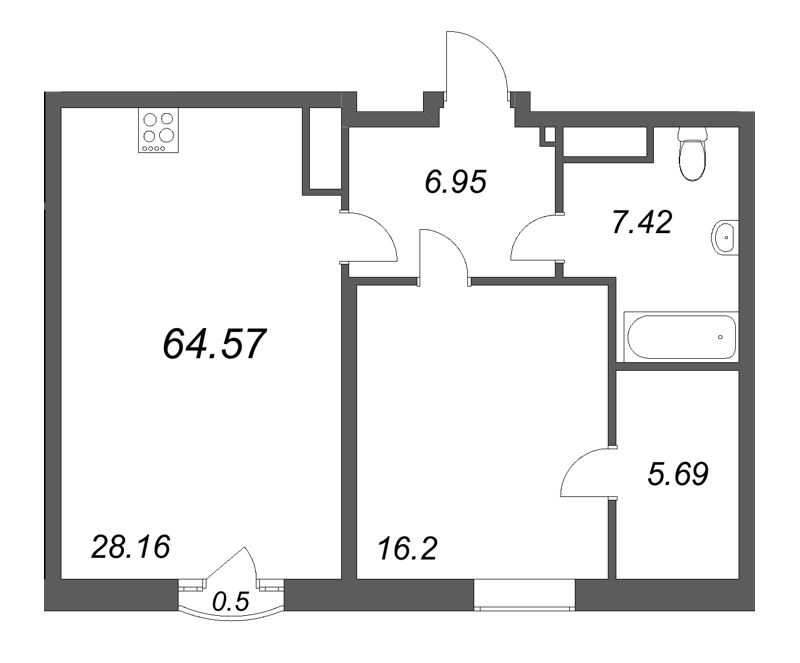 2-комнатная (Евро) квартира, 64.57 м² - планировка, фото №1