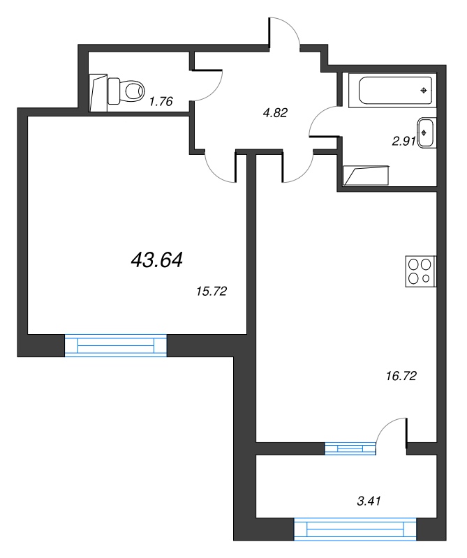 2-комнатная (Евро) квартира, 43.64 м² - планировка, фото №1