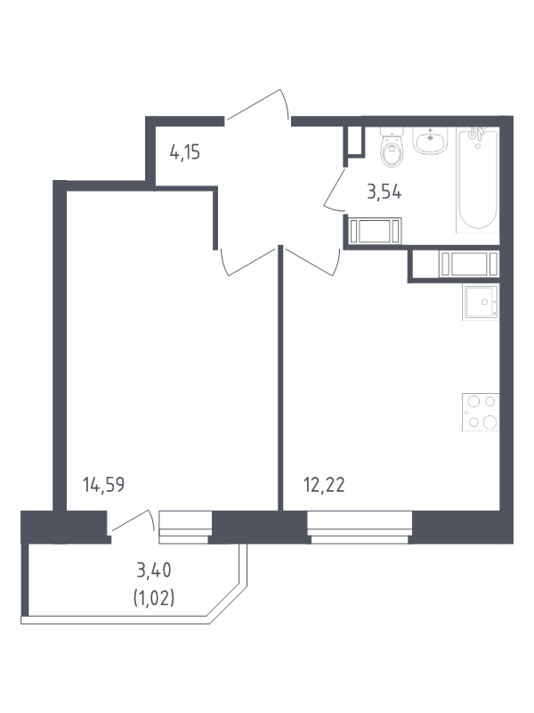 1-комнатная квартира, 35.52 м² в ЖК "Живи! В Рыбацком" - планировка, фото №1