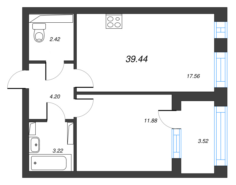 1-комнатная квартира, 40.5 м² в ЖК "Кронфорт. Центральный" - планировка, фото №1