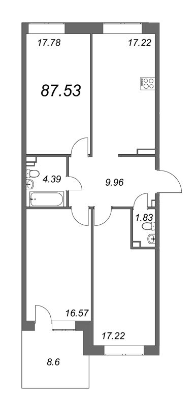 3-комнатная квартира, 88.7 м² - планировка, фото №1