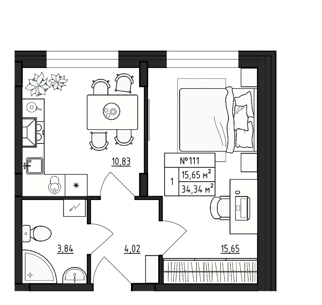 1-комнатная квартира, 34.34 м² в ЖК "Верево Сити" - планировка, фото №1