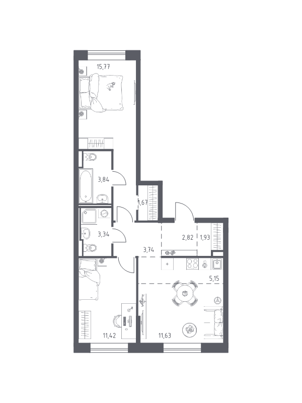 3-комнатная (Евро) квартира, 61.31 м² в ЖК "Живи! В Рыбацком" - планировка, фото №1