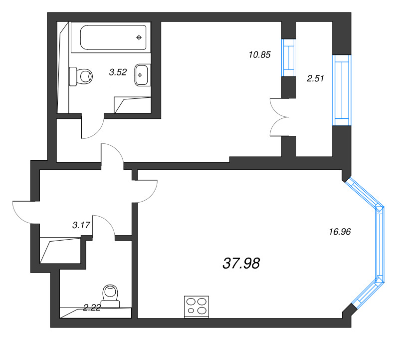 1-комнатная квартира, 37.98 м² в ЖК "Цивилизация на неве" - планировка, фото №1