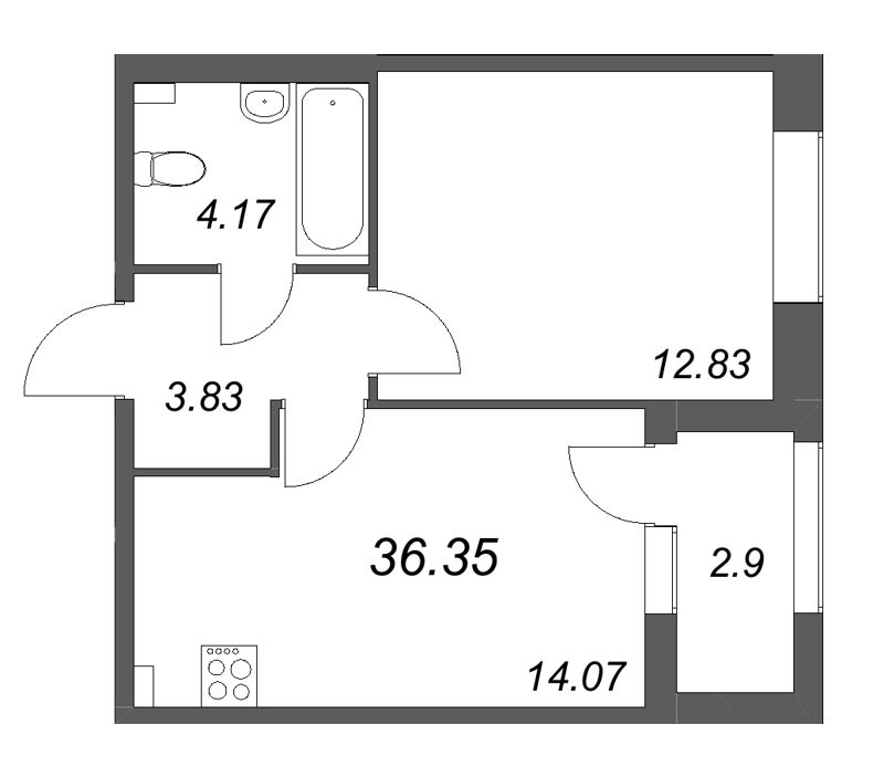 1-комнатная квартира, 36.35 м² в ЖК "Гранат" - планировка, фото №1
