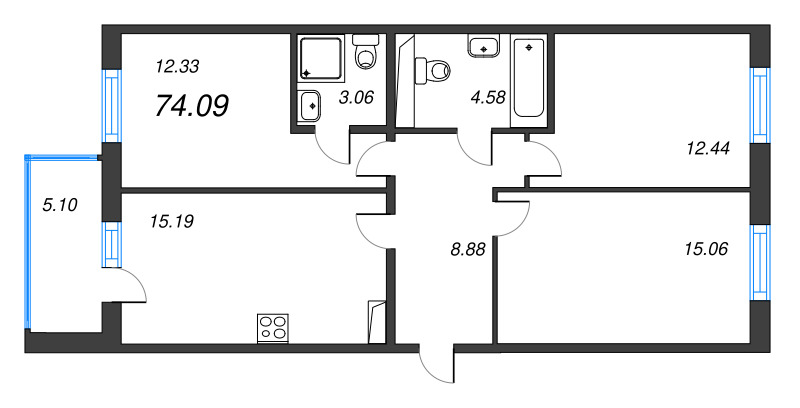 4-комнатная (Евро) квартира, 74.09 м² в ЖК "IQ Гатчина" - планировка, фото №1