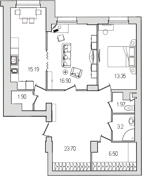 2-комнатная квартира, 83 м² - планировка, фото №1