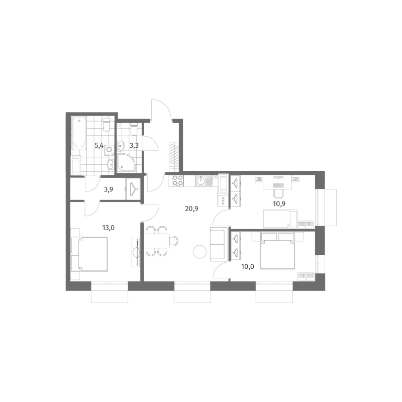 4-комнатная (Евро) квартира, 71.6 м² в ЖК "Парусная 1" - планировка, фото №1