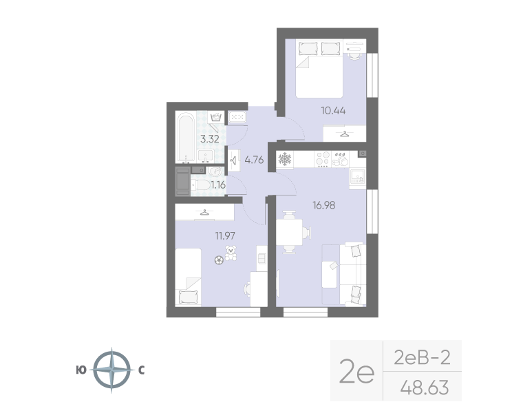 3-комнатная (Евро) квартира, 48.63 м² в ЖК "Морская миля" - планировка, фото №1