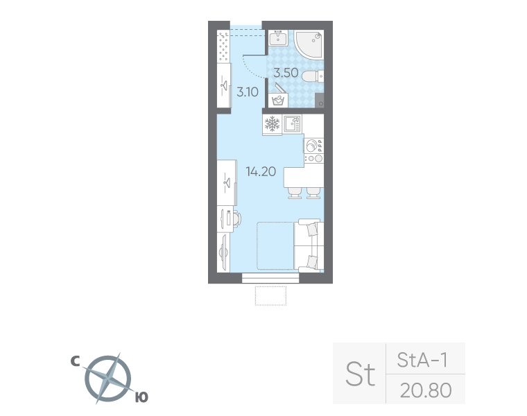 Квартира-студия, 20.8 м² в ЖК "Ручьи" - планировка, фото №1