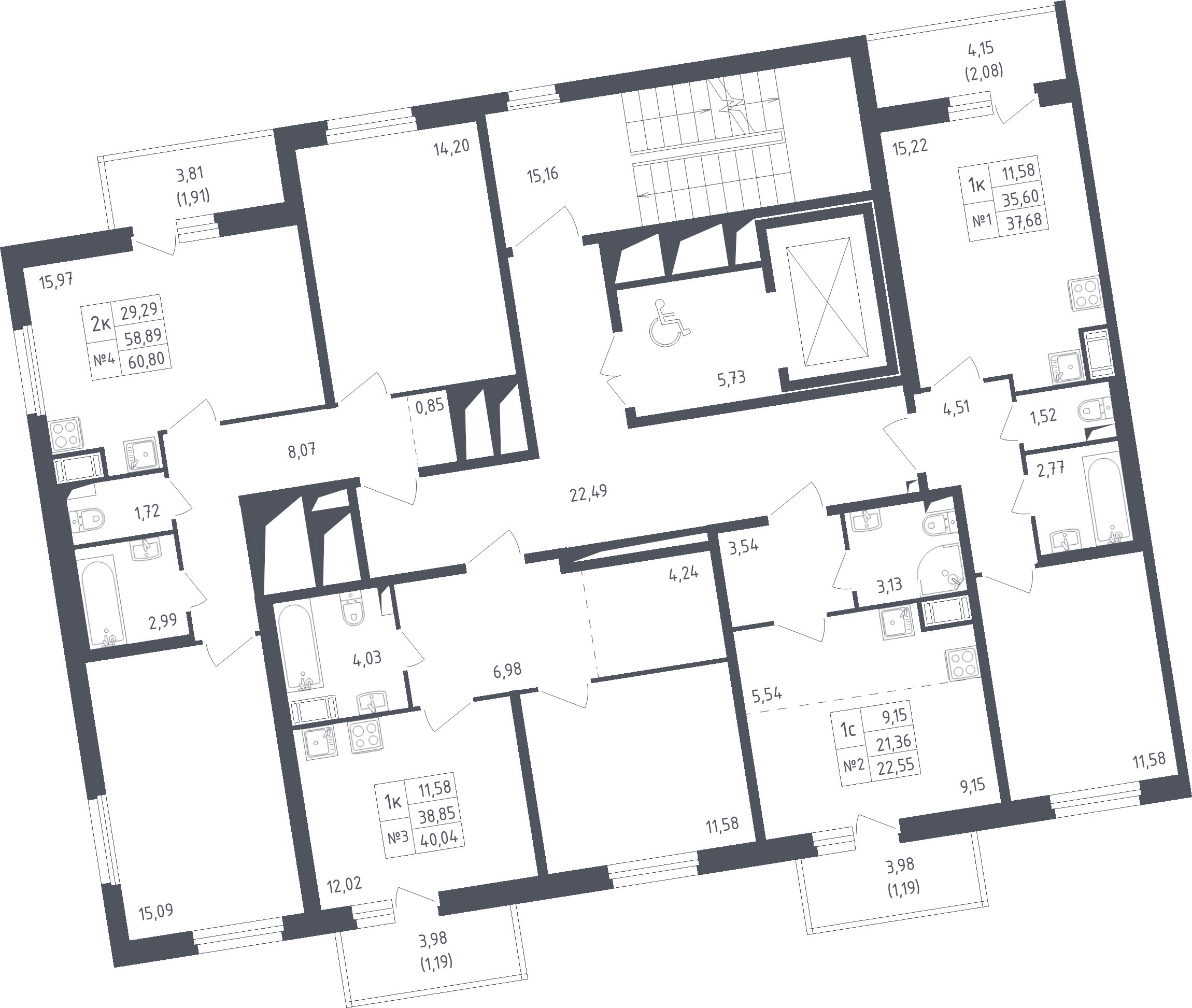 1-комнатная квартира, 40.04 м² - планировка этажа